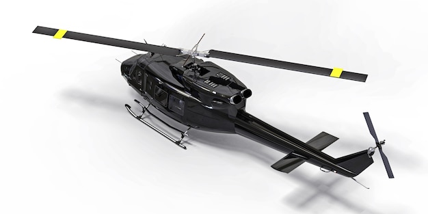 Black small military transport helicopter on white isolated background. The helicopter rescue service. Air taxi. Helicopter for police, fire, ambulance and rescue service. 3d illustration.