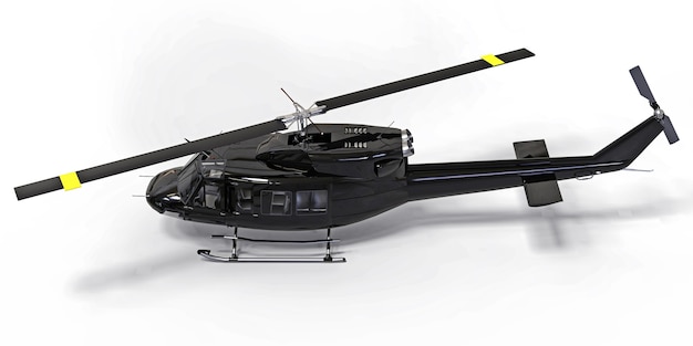 Black small military transport helicopter on white isolated\
background. the helicopter rescue service. air taxi. helicopter for\
police, fire, ambulance and rescue service. 3d illustration.