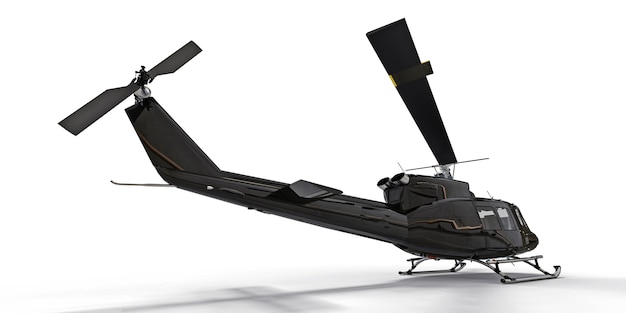 Black small military transport helicopter on white isolated background. The helicopter rescue service. Air taxi. Helicopter for police, fire, ambulance and rescue service. 3d illustration.