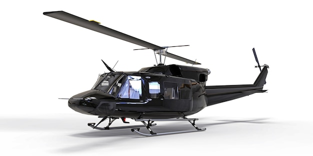 Black small military transport helicopter on white isolated\
background. the helicopter rescue service. air taxi. helicopter for\
police, fire, ambulance and rescue service. 3d illustration.