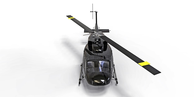 격리 된 흰색 배경에 검은색 작은 군사 수송 헬리콥터. 헬리콥터 구조 서비스. 에어택시. 경찰, 소방, 구급차 및 구조 서비스를 위한 헬리콥터. 3d 그림입니다.