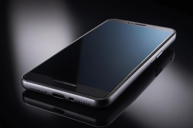 Черный смартфон на черном стеклянном фоне с прохладными отражениями в студии