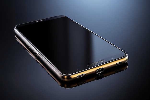 Black smartphone on the black glass background with pretty reflections