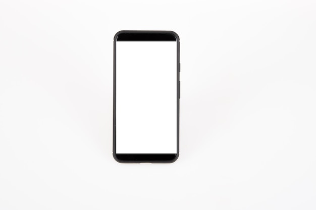 Black smartphone with blank screen empty mockup on isolated white background