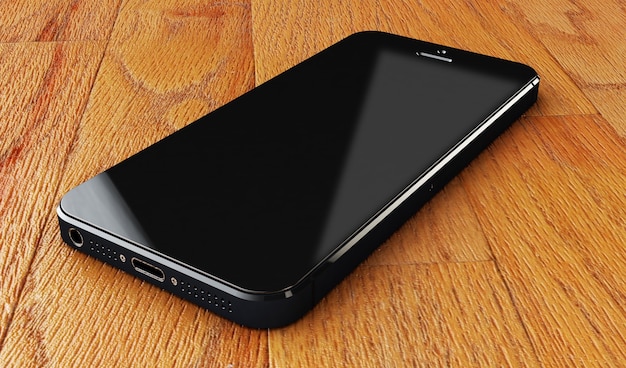 Black smartphones with blank screen,on wood desk background - high detailed,realistic, whole in focus, 3d rendering.