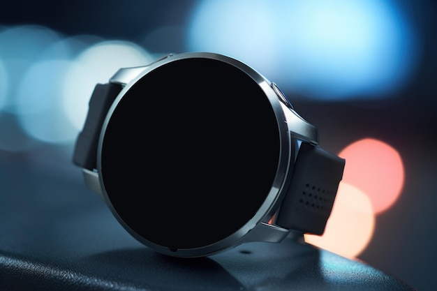 Black smartwatch mockup with with blank round screen smart health monitoring device mock up