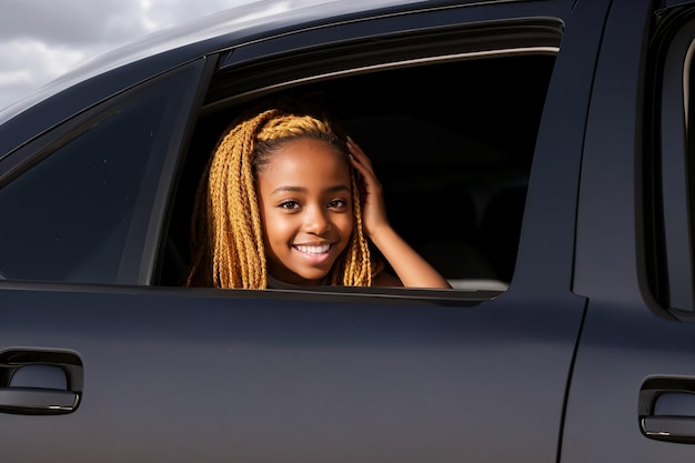 Черная улыбающаяся девушка с африканскими хвостами пассажира в автомобиле смотрит наружу из окна машины