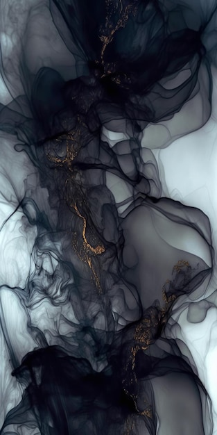 Black Smoke with Golden Liquid Shapes Desktop and Phone Wallpaper