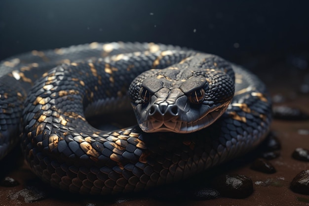 A black snake with gold and black scales and a black background