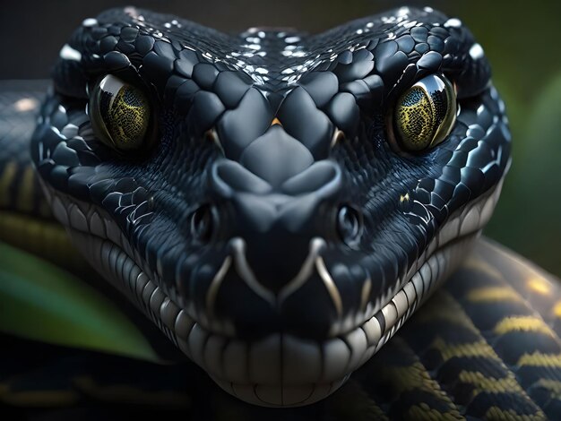 Photo a black snake with yellow eyes and a green eye