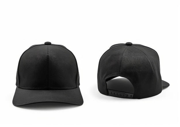 Foto vista anteriore e vista posteriore del cappuccio snapback nero isolate su sfondo bianco