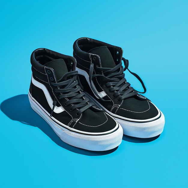 Black sneakers on a blue background right in the upper corner