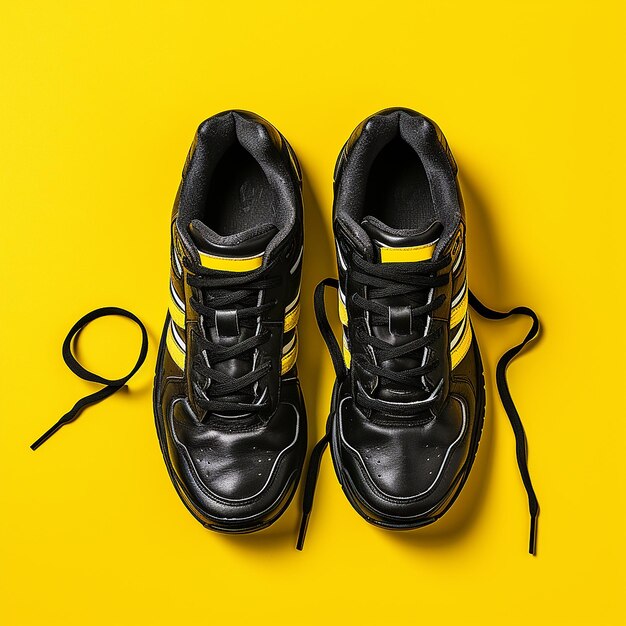 Black sneakers on a yellow background Right in the upper corner