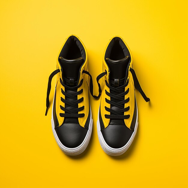 Photo black sneakers on a yellow background right in the upper corner