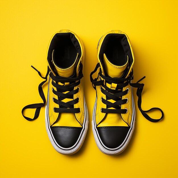 Black sneakers on a yellow background right in the upper corner