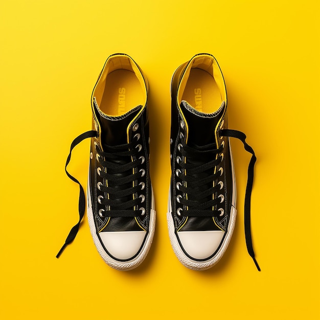 Black sneakers on a yellow background right in the upper corner