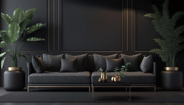 A black sofa with black pillows and a plant in the corner