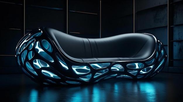 A black sofa with a blue led light on the top.