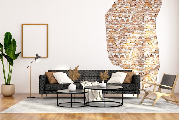 Черный диван с кирпичной стеной Loft Living Room