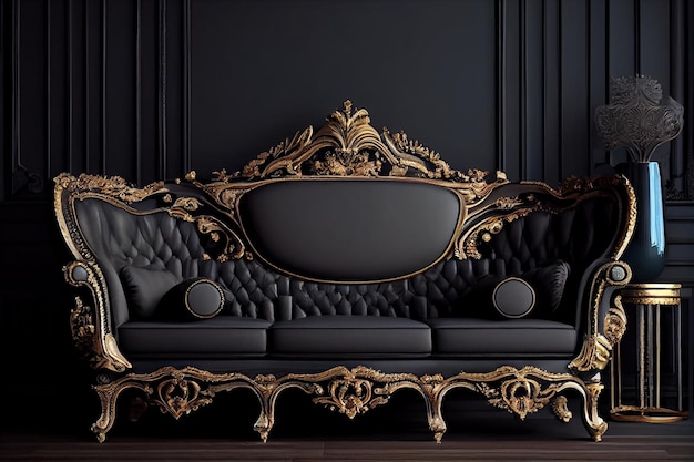 A black sofa with gold accents and a black couch.