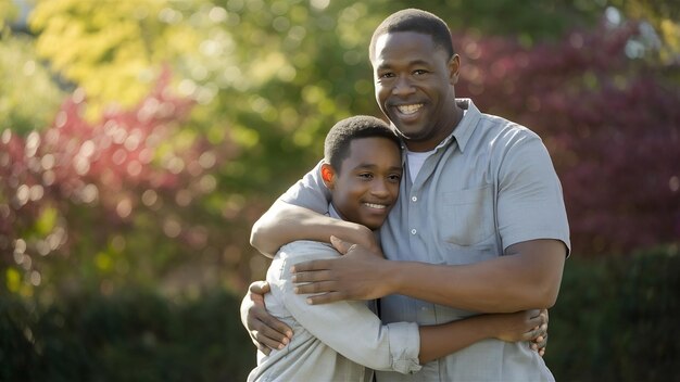 Photo black son hugging father from behind