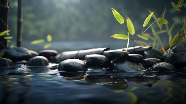 Черные спа-камни с каплями воды и бамбуком на темном фоне.