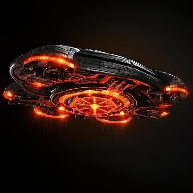 a black spaceship with a red light on it