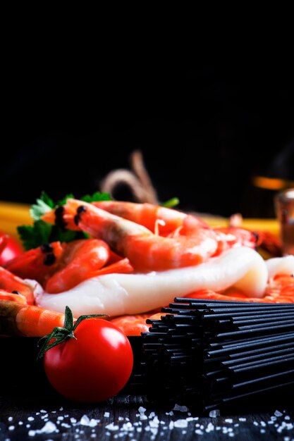 Black spaghetti cherry tomatoes white wine shrimp squid still life in low key selective focus