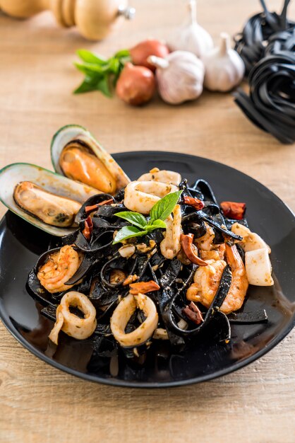 black spaghetti or pasta with seafood