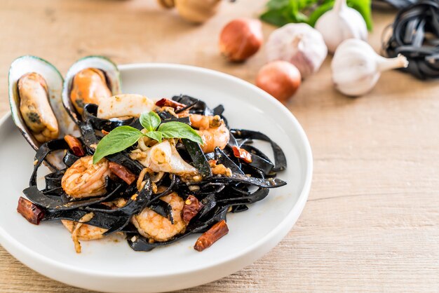 black spaghetti or pasta with seafood