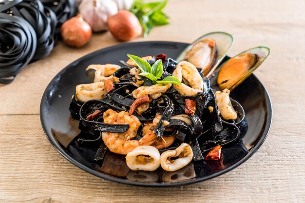 black spaghetti or pasta with seafood