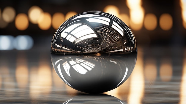 a black sphere with a reflection of a building in the background.