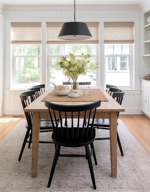 Photo black spindle back chairs and wood table with centerpiece in bright white dining room