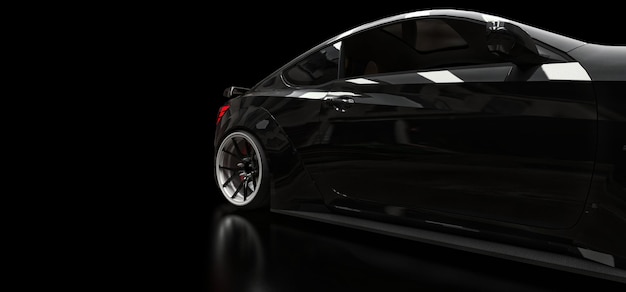 Coupé di auto sportiva nera su sfondo nero. rendering 3d.