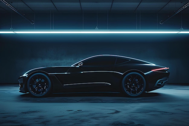 Photo a black sports car in a dark garage