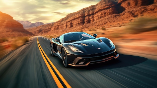 A black sports car driving down a road with a desert landscape in the background.