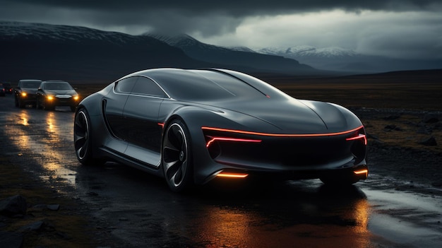 a black sports car driving down a wet road generative ai