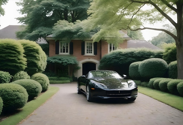 Black sports car parked on a brick driveway surrounded by lush green trees and shrubs