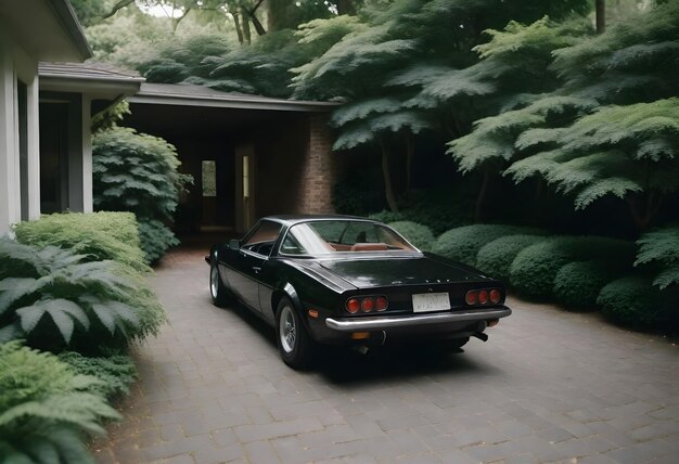 Photo black sports car parked on a brick driveway surrounded by lush green trees and shrubs