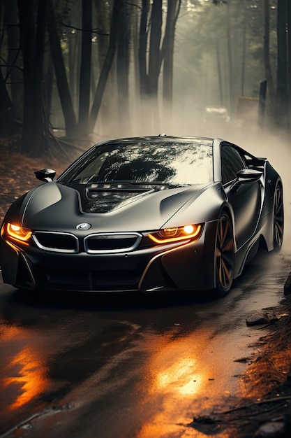 a black sports car on a road with fog