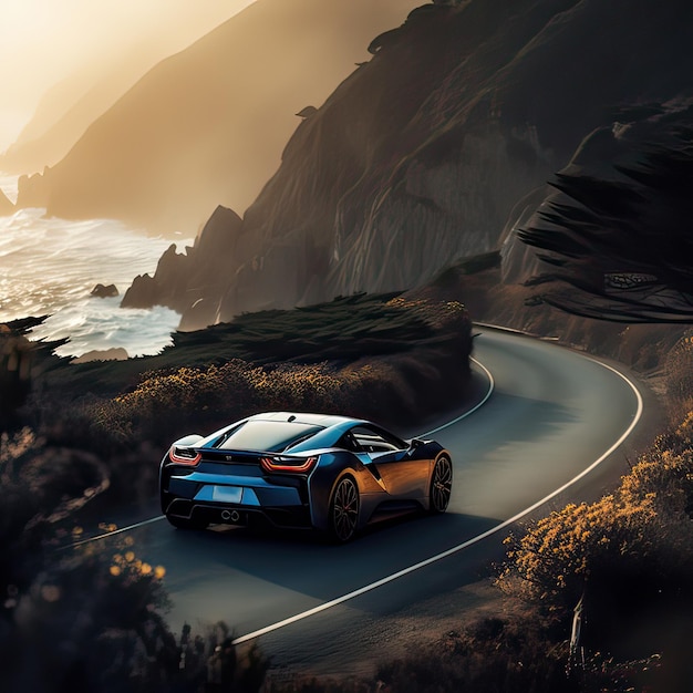 A black sports car on a road with a sunset in the background