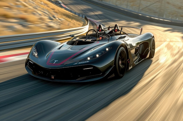 Photo a black sports car speeds down the race track showing power and agility a modern electric sports car outpacing traditional gasolinepowered race cars ai generated