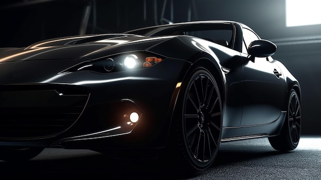 A black sports car with the headlights on in a dark room.