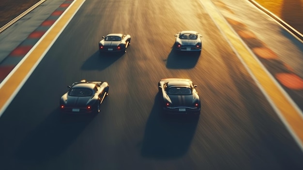 Black sports cars in motion on the race road