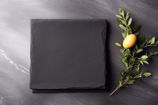 Black square plate on stone black table with sprigs of barberry and yellow easter egg with space for