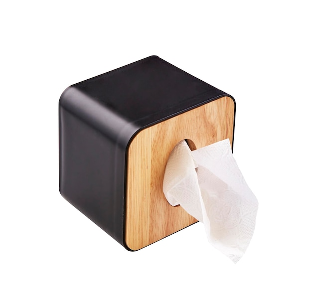 Black Square Tissue Box Holder isolated on white background Storage box Tissue with Wooden Cover