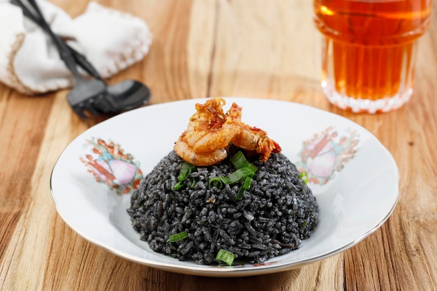 Black Squid Rice with Shrimp Topping