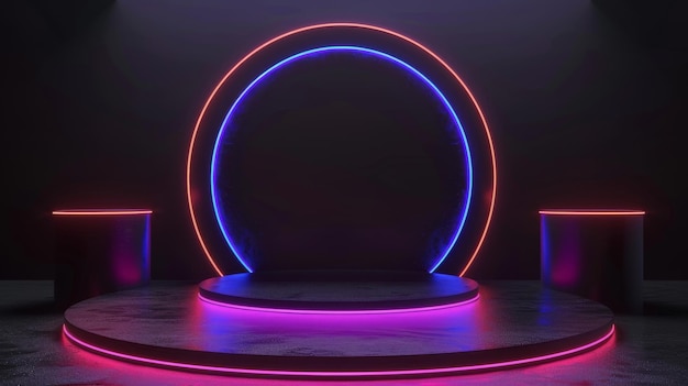 A black stage with a product stand and neon lights on a futuristic background An abstract rendering of futuristic technology