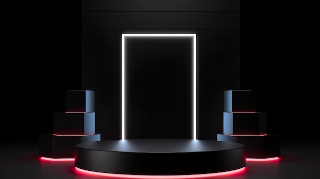 「扉」と書かれた白い箱が置かれた黒いステージ