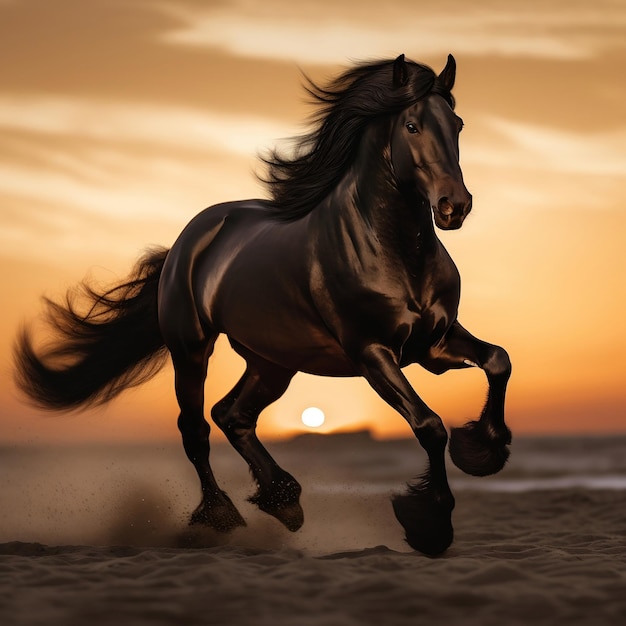 Black stallion horse in sunset running free Generative AI
